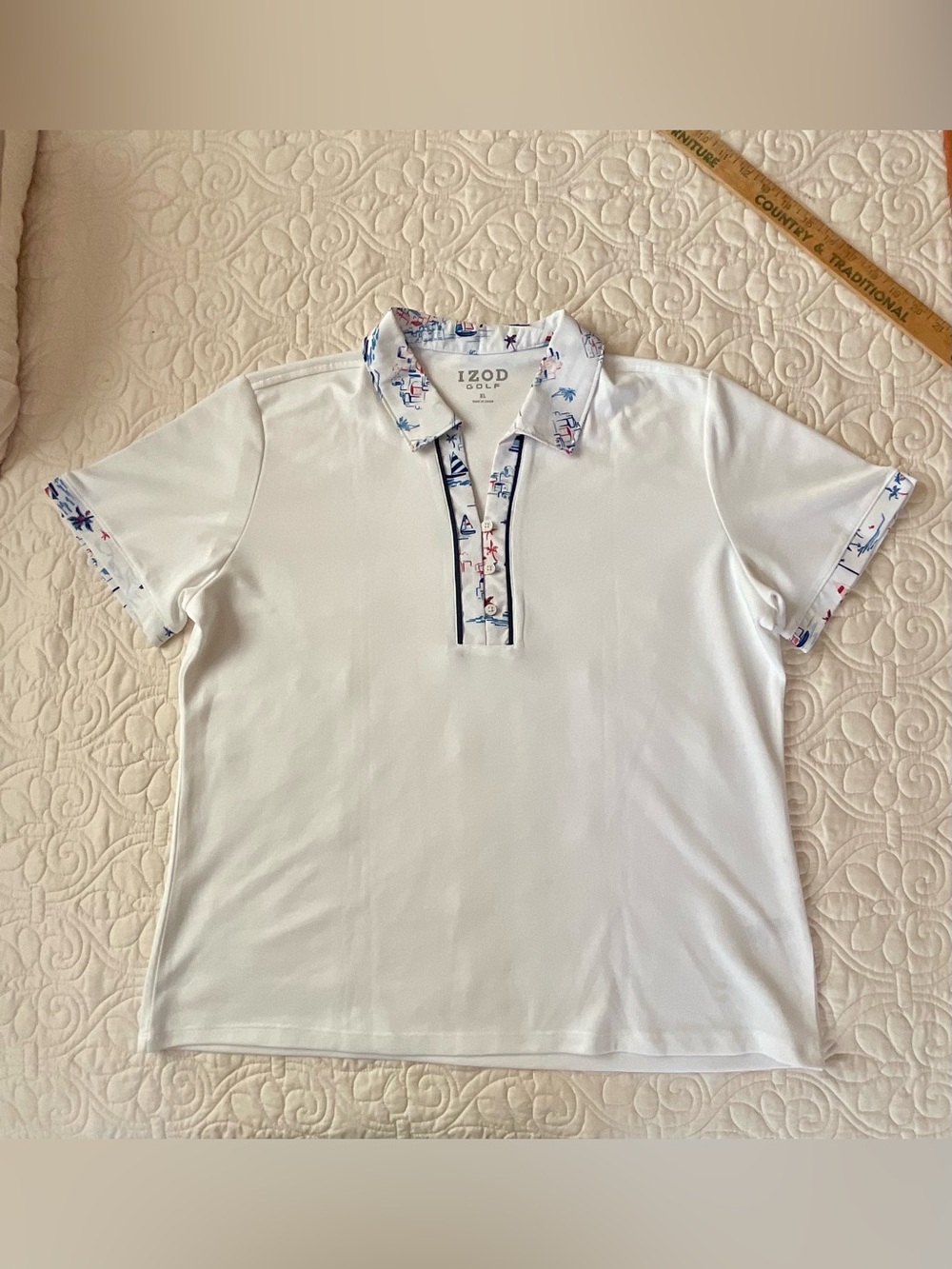 IZOD White Polo with Nautical-Print Collar and Trim